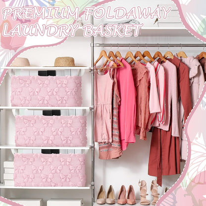 3 Pcs Bow Foldable Storage Baskets Pink Bow Plush Faux Fur Jacquard Design Laundry Basket with Handles Waterproof Storage Bins Fabric Shelf Baskets for Organizing Closet Clothes