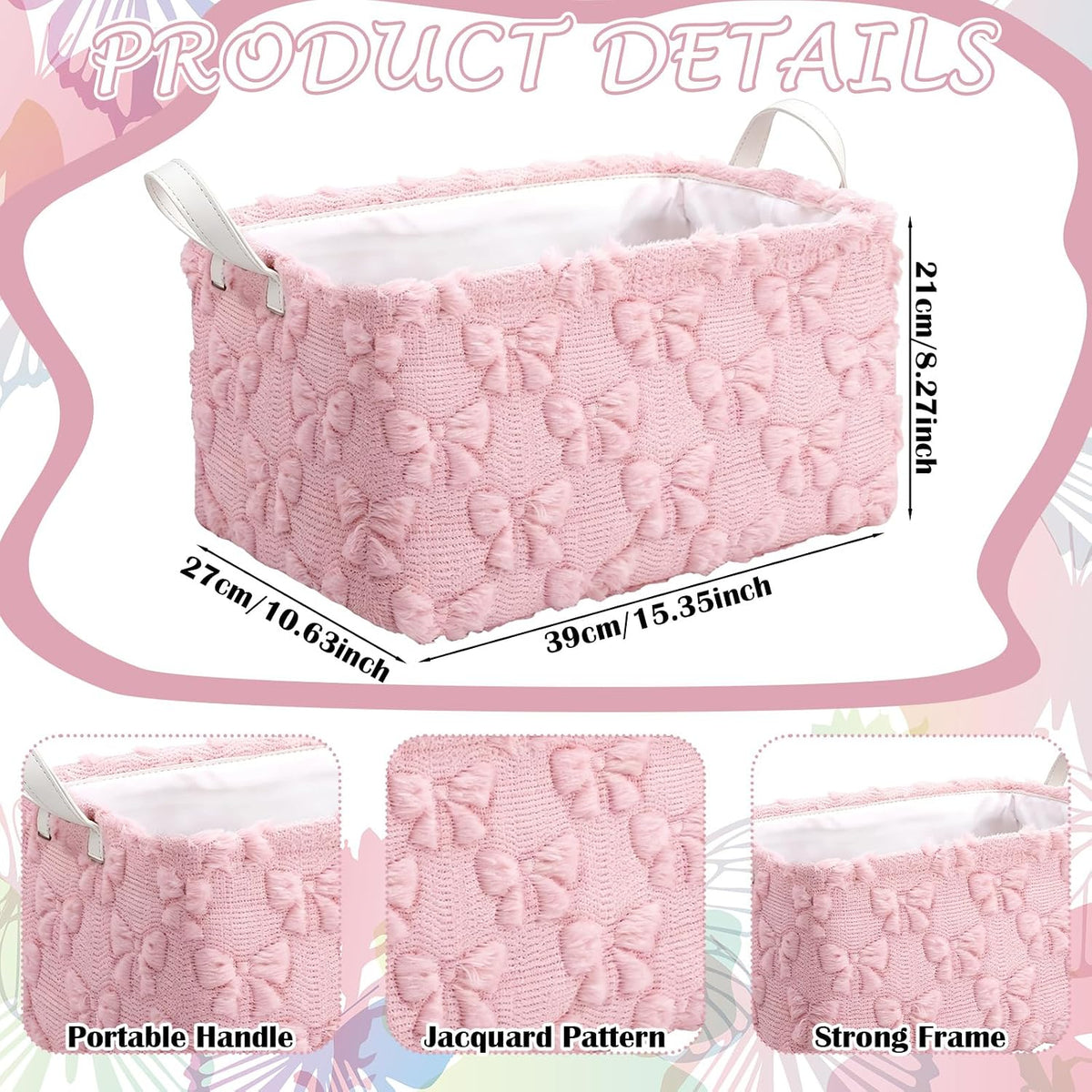 3 Pcs Bow Foldable Storage Baskets Pink Bow Plush Faux Fur Jacquard Design Laundry Basket with Handles Waterproof Storage Bins Fabric Shelf Baskets for Organizing Closet Clothes