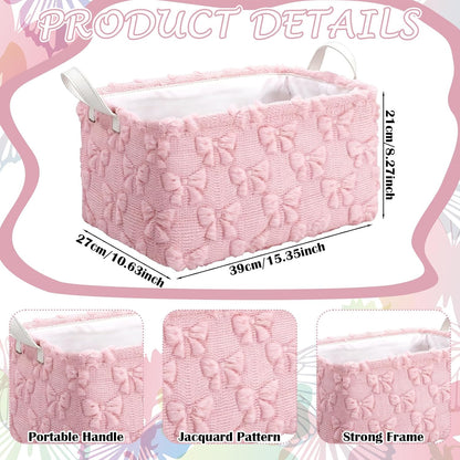 3 Pcs Bow Foldable Storage Baskets Pink Bow Plush Faux Fur Jacquard Design Laundry Basket with Handles Waterproof Storage Bins Fabric Shelf Baskets for Organizing Closet Clothes