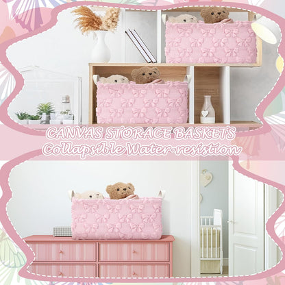 3 Pcs Bow Foldable Storage Baskets Pink Bow Plush Faux Fur Jacquard Design Laundry Basket with Handles Waterproof Storage Bins Fabric Shelf Baskets for Organizing Closet Clothes