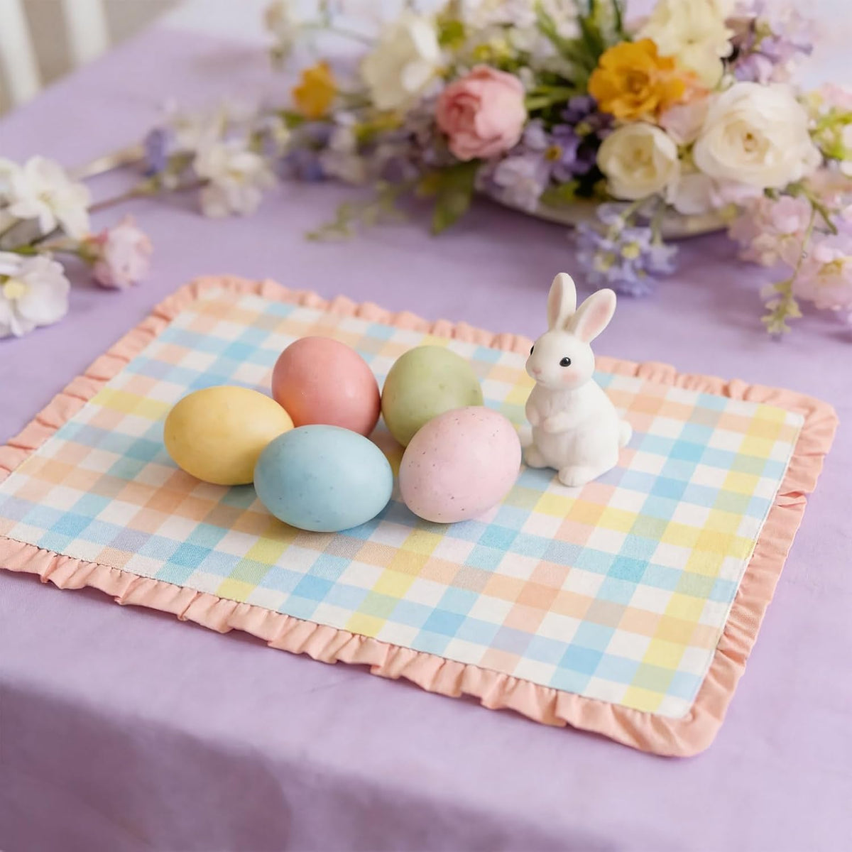 Set of 4 Easter Placemats 14 x 20 Inch Linen Pastel Gingham Washable Placemat Blue Pink Yellow Buffalo Plaid Table Mats Farmhouse Spring Easter Table Mat for Kitchen Dining Home Decoration