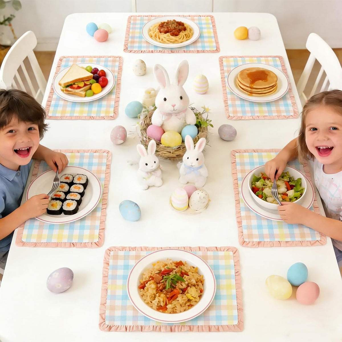 Set of 4 Easter Placemats 14 x 20 Inch Linen Pastel Gingham Washable Placemat Blue Pink Yellow Buffalo Plaid Table Mats Farmhouse Spring Easter Table Mat for Kitchen Dining Home Decoration