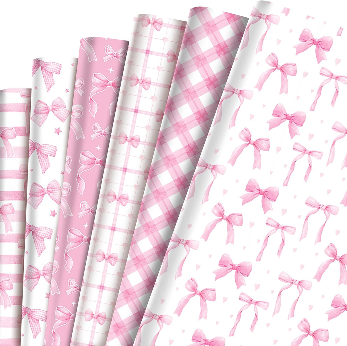 Pink Bow Wrapping Paper 12 Sheets 20'' x 27'' Folded Flat Gift Wrap with Cute Bow, Pink Plaid, Stripes and Polka Dot Gift Wrap Paper for Girls Women Birthday Gift Packing Supplies