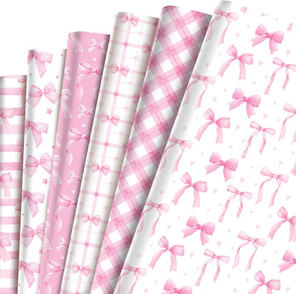 Pink Bow Wrapping Paper 12 Sheets 20'' x 27'' Folded Flat Gift Wrap with Cute Bow, Pink Plaid, Stripes and Polka Dot Gift Wrap Paper for Girls Women Birthday Gift Packing Supplies