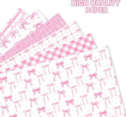 Pink Bow Wrapping Paper 12 Sheets 20'' x 27'' Folded Flat Gift Wrap with Cute Bow, Pink Plaid, Stripes and Polka Dot Gift Wrap Paper for Girls Women Birthday Gift Packing Supplies