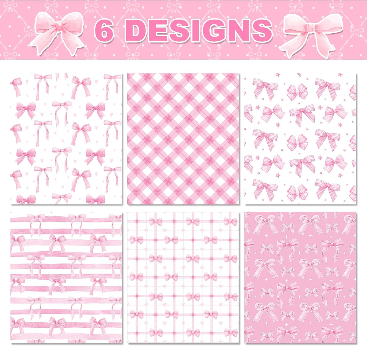 Pink Bow Wrapping Paper 12 Sheets 20'' x 27'' Folded Flat Gift Wrap with Cute Bow, Pink Plaid, Stripes and Polka Dot Gift Wrap Paper for Girls Women Birthday Gift Packing Supplies