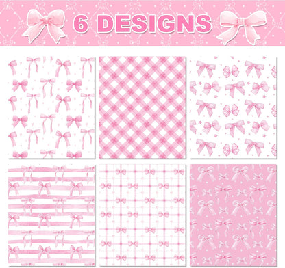 Pink Bow Wrapping Paper 12 Sheets 20'' x 27'' Folded Flat Gift Wrap with Cute Bow, Pink Plaid, Stripes and Polka Dot Gift Wrap Paper for Girls Women Birthday Gift Packing Supplies