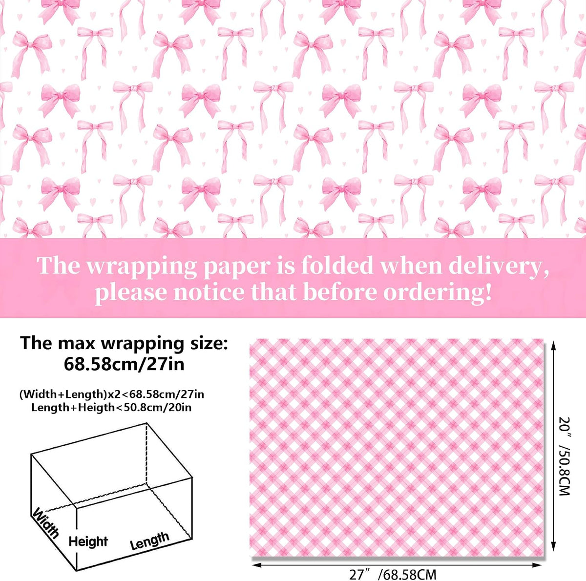 Pink Bow Wrapping Paper 12 Sheets 20'' x 27'' Folded Flat Gift Wrap with Cute Bow, Pink Plaid, Stripes and Polka Dot Gift Wrap Paper for Girls Women Birthday Gift Packing Supplies