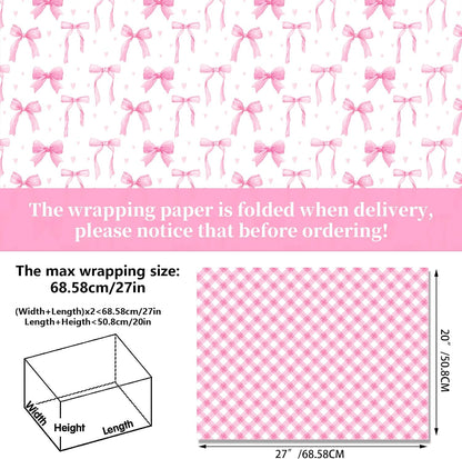 Pink Bow Wrapping Paper 12 Sheets 20'' x 27'' Folded Flat Gift Wrap with Cute Bow, Pink Plaid, Stripes and Polka Dot Gift Wrap Paper for Girls Women Birthday Gift Packing Supplies
