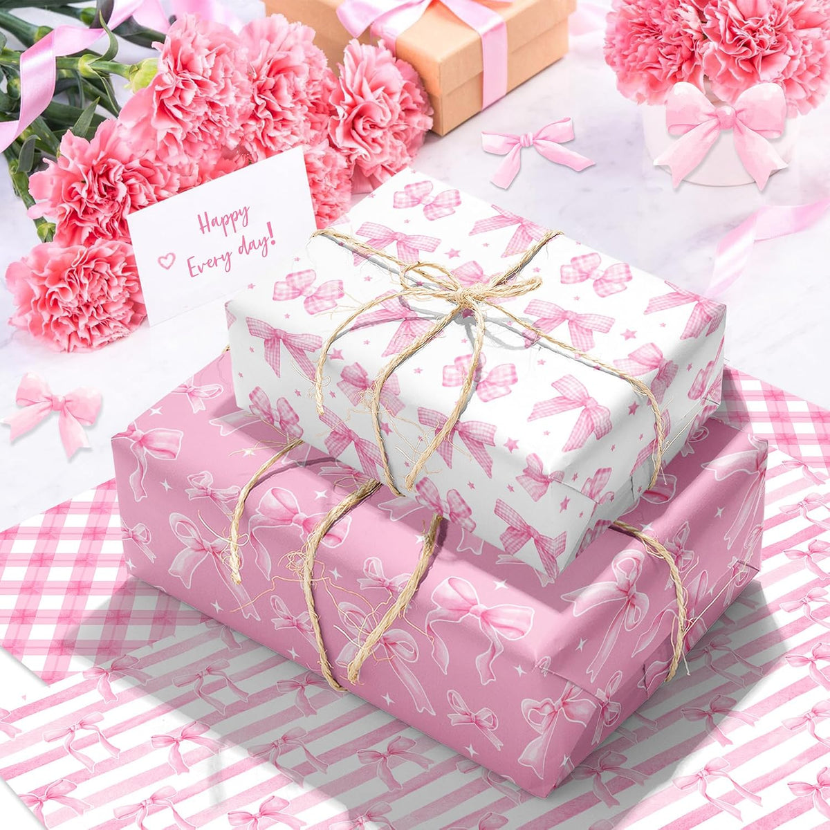 Pink Bow Wrapping Paper 12 Sheets 20'' x 27'' Folded Flat Gift Wrap with Cute Bow, Pink Plaid, Stripes and Polka Dot Gift Wrap Paper for Girls Women Birthday Gift Packing Supplies