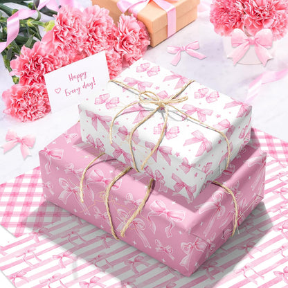 Pink Bow Wrapping Paper 12 Sheets 20'' x 27'' Folded Flat Gift Wrap with Cute Bow, Pink Plaid, Stripes and Polka Dot Gift Wrap Paper for Girls Women Birthday Gift Packing Supplies