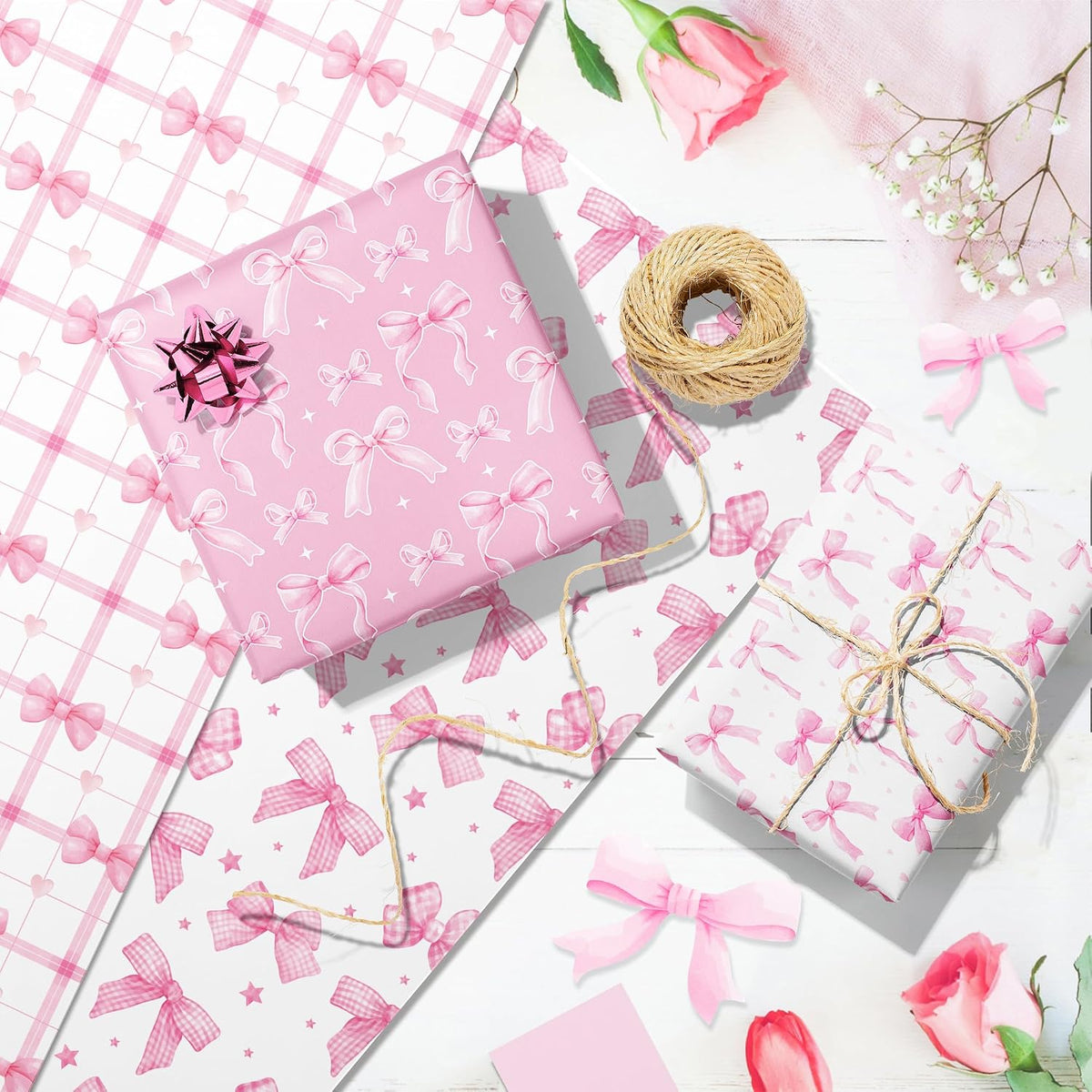 Pink Bow Wrapping Paper 12 Sheets 20'' x 27'' Folded Flat Gift Wrap with Cute Bow, Pink Plaid, Stripes and Polka Dot Gift Wrap Paper for Girls Women Birthday Gift Packing Supplies
