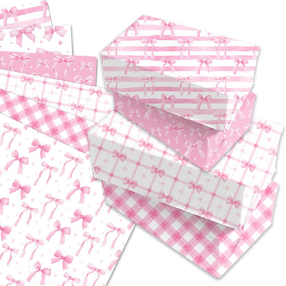 Pink Bow Wrapping Paper 12 Sheets 20'' x 27'' Folded Flat Gift Wrap with Cute Bow, Pink Plaid, Stripes and Polka Dot Gift Wrap Paper for Girls Women Birthday Gift Packing Supplies