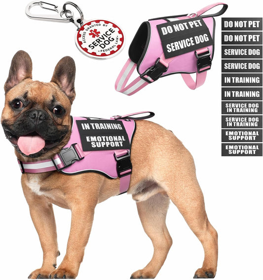 Service Dog Vest Harness+ID Tag+10 Patches,Metal Serivce Dog Tag&Reflective Emotional Support Dog Vest with Handle for Small Dogs,Easy Put On/Off for Training/Walking/Everyday Pink S