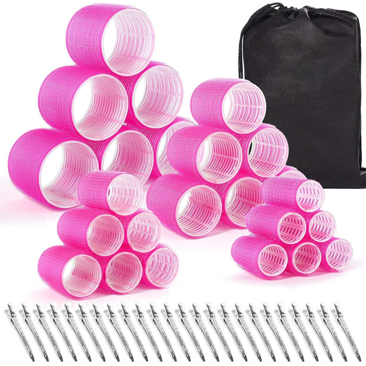 Hair Rollers 48 Pcs Set, 24Pcs Hair Rollers 4 Sizes and 24 Pcs Hair Clips for Long Medium Short Hair (Pink)