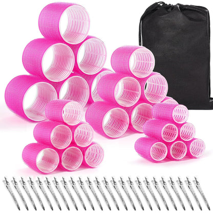 Hair Rollers 48 Pcs Set, 24Pcs Hair Rollers 4 Sizes and 24 Pcs Hair Clips for Long Medium Short Hair (Pink)