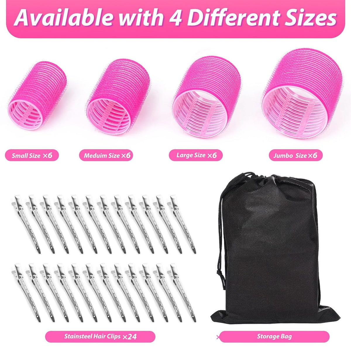 Hair Rollers 48 Pcs Set, 24Pcs Hair Rollers 4 Sizes and 24 Pcs Hair Clips for Long Medium Short Hair (Pink)