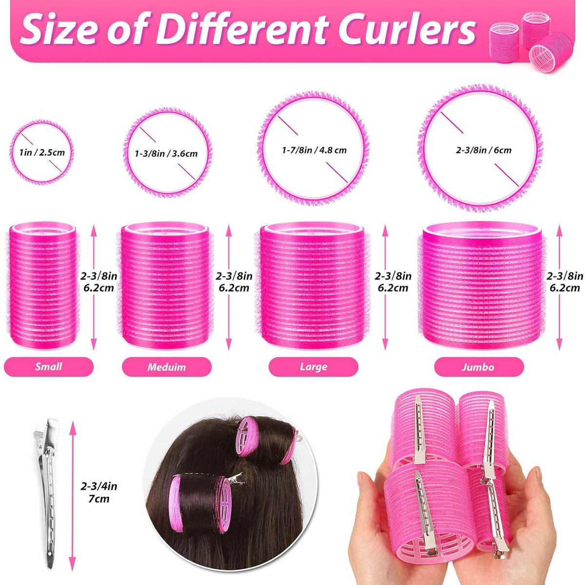 Hair Rollers 48 Pcs Set, 24Pcs Hair Rollers 4 Sizes and 24 Pcs Hair Clips for Long Medium Short Hair (Pink)