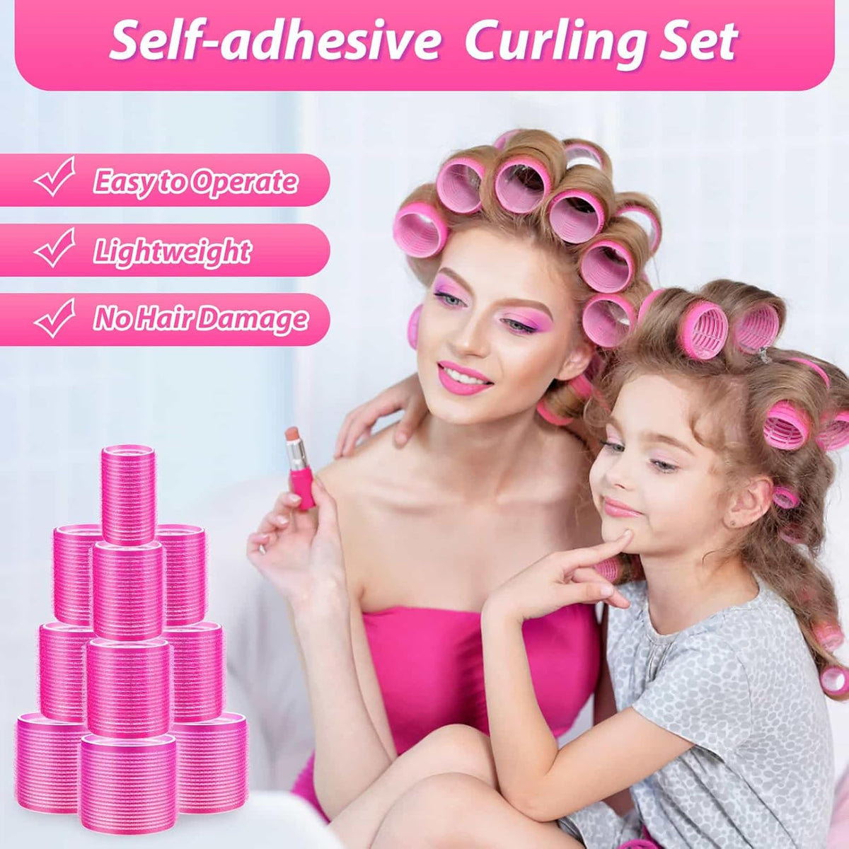 Hair Rollers 48 Pcs Set, 24Pcs Hair Rollers 4 Sizes and 24 Pcs Hair Clips for Long Medium Short Hair (Pink)