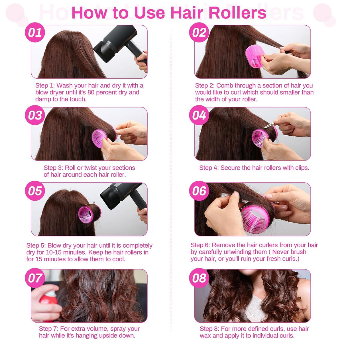 Hair Rollers 48 Pcs Set, 24Pcs Hair Rollers 4 Sizes and 24 Pcs Hair Clips for Long Medium Short Hair (Pink)