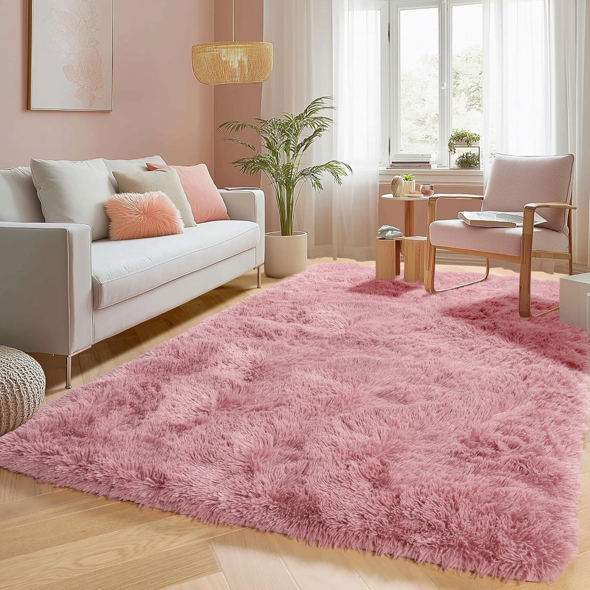 Blush Pink Fluffy Shag Area Rugs for Bedroom Girls 5x7, Soft Shaggy Carpets