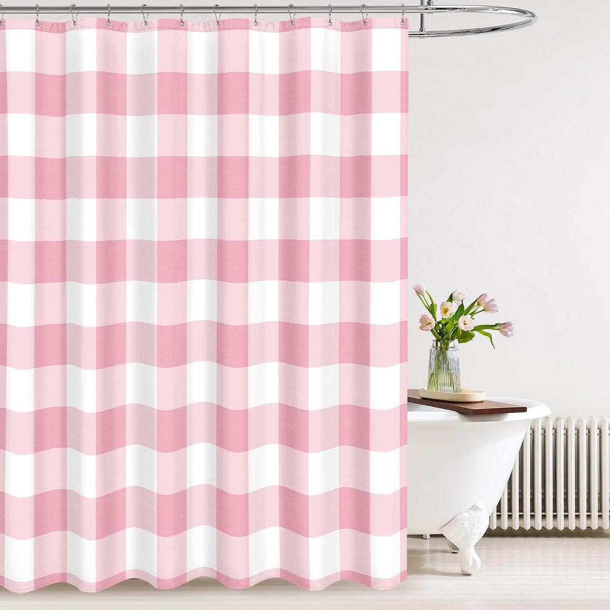 Classic Gingham Plaid 140gsm Faux Linen Fabric Shower Curtain, Pink Buffalo Grid Shower Curtain Sets Decoration 72x72 Inch with Hooks