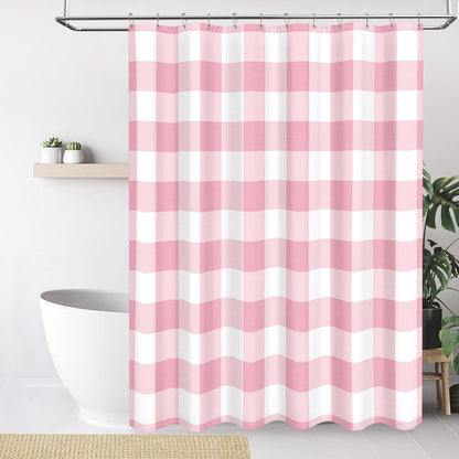 Classic Gingham Plaid 140gsm Faux Linen Fabric Shower Curtain, Pink Buffalo Grid Shower Curtain Sets Decoration 72x72 Inch with Hooks