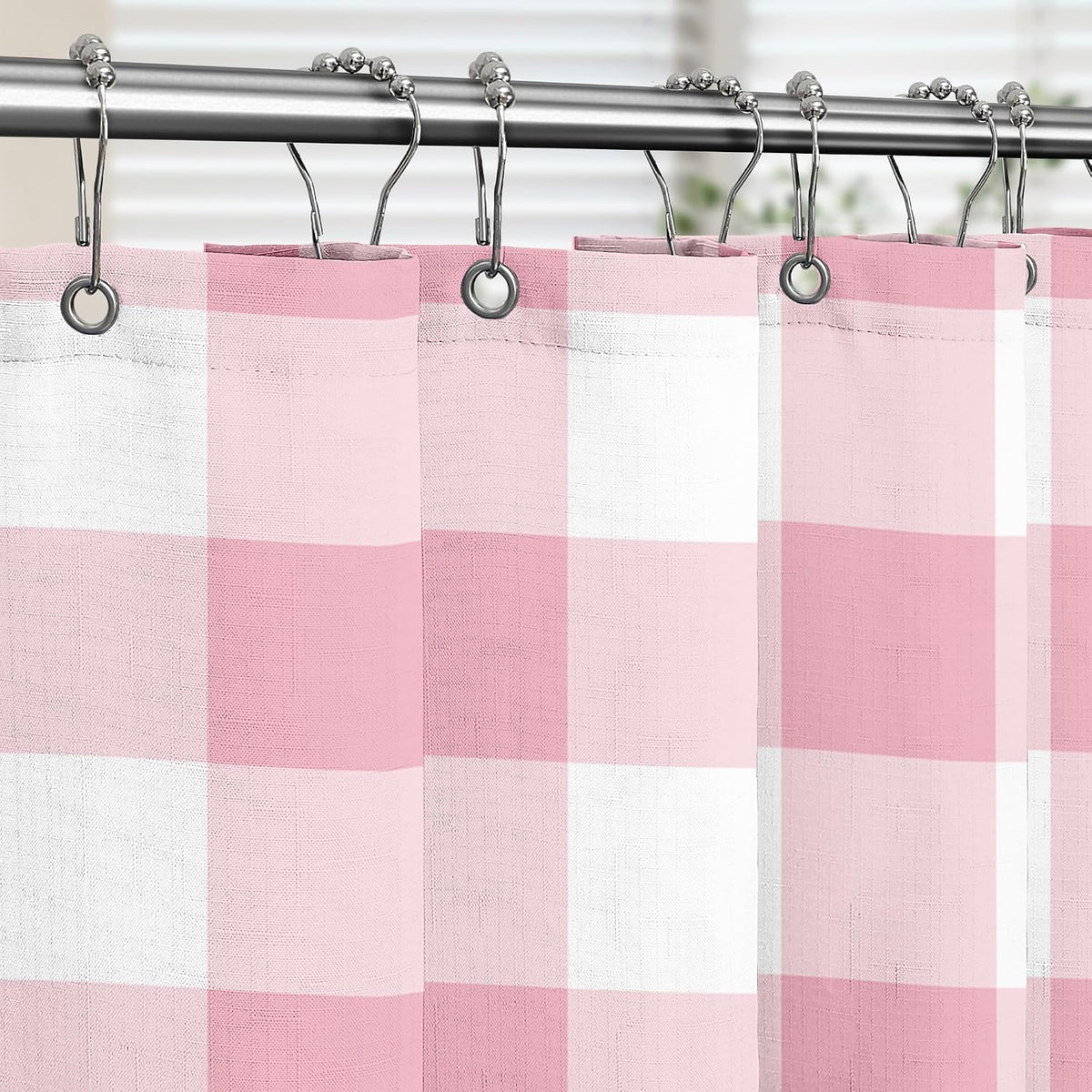 Classic Gingham Plaid 140gsm Faux Linen Fabric Shower Curtain, Pink Buffalo Grid Shower Curtain Sets Decoration 72x72 Inch with Hooks