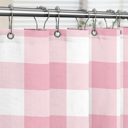 Classic Gingham Plaid 140gsm Faux Linen Fabric Shower Curtain, Pink Buffalo Grid Shower Curtain Sets Decoration 72x72 Inch with Hooks