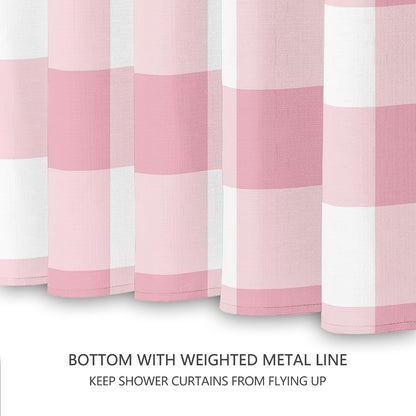 Classic Gingham Plaid 140gsm Faux Linen Fabric Shower Curtain, Pink Buffalo Grid Shower Curtain Sets Decoration 72x72 Inch with Hooks
