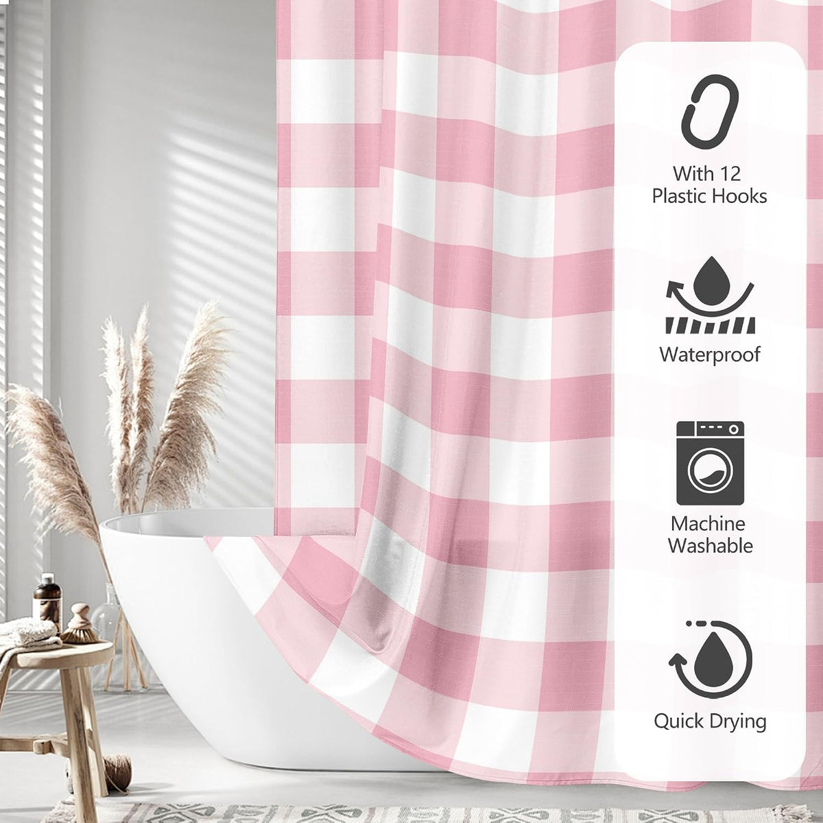Classic Gingham Plaid 140gsm Faux Linen Fabric Shower Curtain, Pink Buffalo Grid Shower Curtain Sets Decoration 72x72 Inch with Hooks