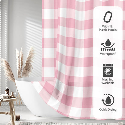 Classic Gingham Plaid 140gsm Faux Linen Fabric Shower Curtain, Pink Buffalo Grid Shower Curtain Sets Decoration 72x72 Inch with Hooks
