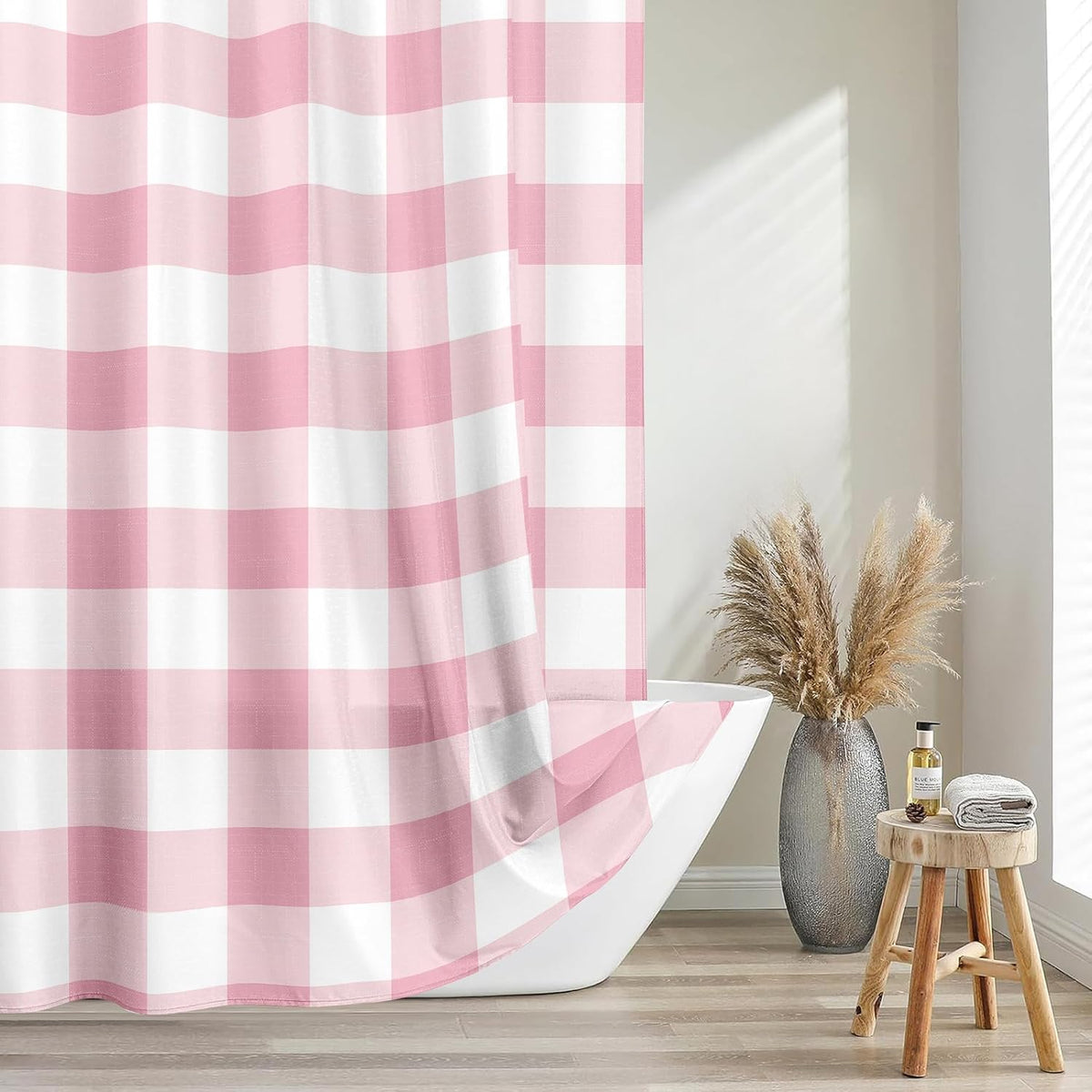 Classic Gingham Plaid 140gsm Faux Linen Fabric Shower Curtain, Pink Buffalo Grid Shower Curtain Sets Decoration 72x72 Inch with Hooks