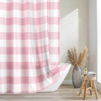 Classic Gingham Plaid 140gsm Faux Linen Fabric Shower Curtain, Pink Buffalo Grid Shower Curtain Sets Decoration 72x72 Inch with Hooks
