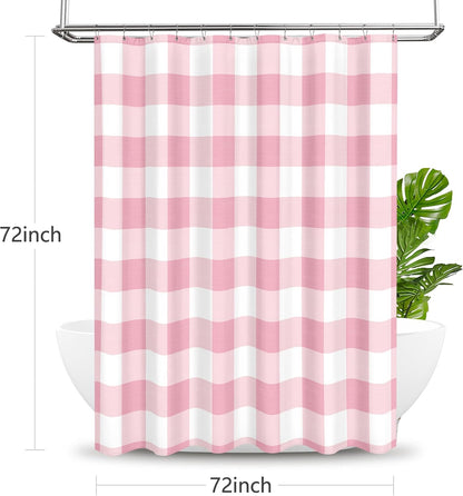 Classic Gingham Plaid 140gsm Faux Linen Fabric Shower Curtain, Pink Buffalo Grid Shower Curtain Sets Decoration 72x72 Inch with Hooks