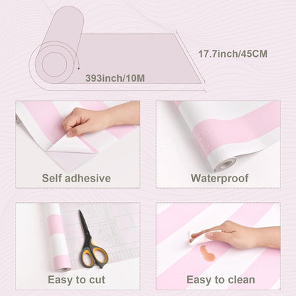 Pink and White Peel and Stick Wallpaper Striped Cute 17.7"x393"