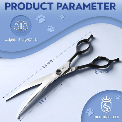 Dragon Creek 6.5" Downward Curved Dog Grooming Scissors Shears for Grooming Face and Paws Safety Round Tips Shears Trimming Cutting Scissors for Dog Cat Pet Black