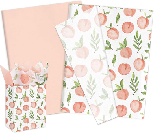 100 Sheets Peach Tissue Paper Pink Gift Wrapping Paper Watercolor Fruit Decorative Art Tissue for DIY Crafts Spring Birthday Party Home Decor, 14 x 20 Inch