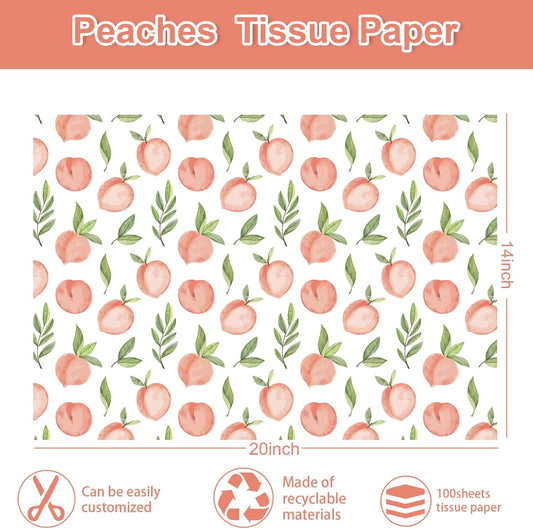 100 Sheets Peach Tissue Paper Pink Gift Wrapping Paper Watercolor Fruit Decorative Art Tissue for DIY Crafts Spring Birthday Party Home Decor, 14 x 20 Inch