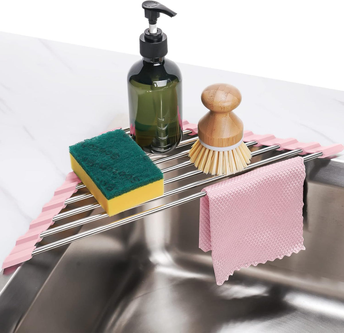 Triangle Foldable Dish Drying Rack, Small Roll-Up Stainless Steel Over Sink Drainer for Kitchen Sink Corner, Rustproof Multipurpose Organizer(Pink)