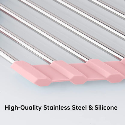 Triangle Foldable Dish Drying Rack, Small Roll-Up Stainless Steel Over Sink Drainer for Kitchen Sink Corner, Rustproof Multipurpose Organizer(Pink)