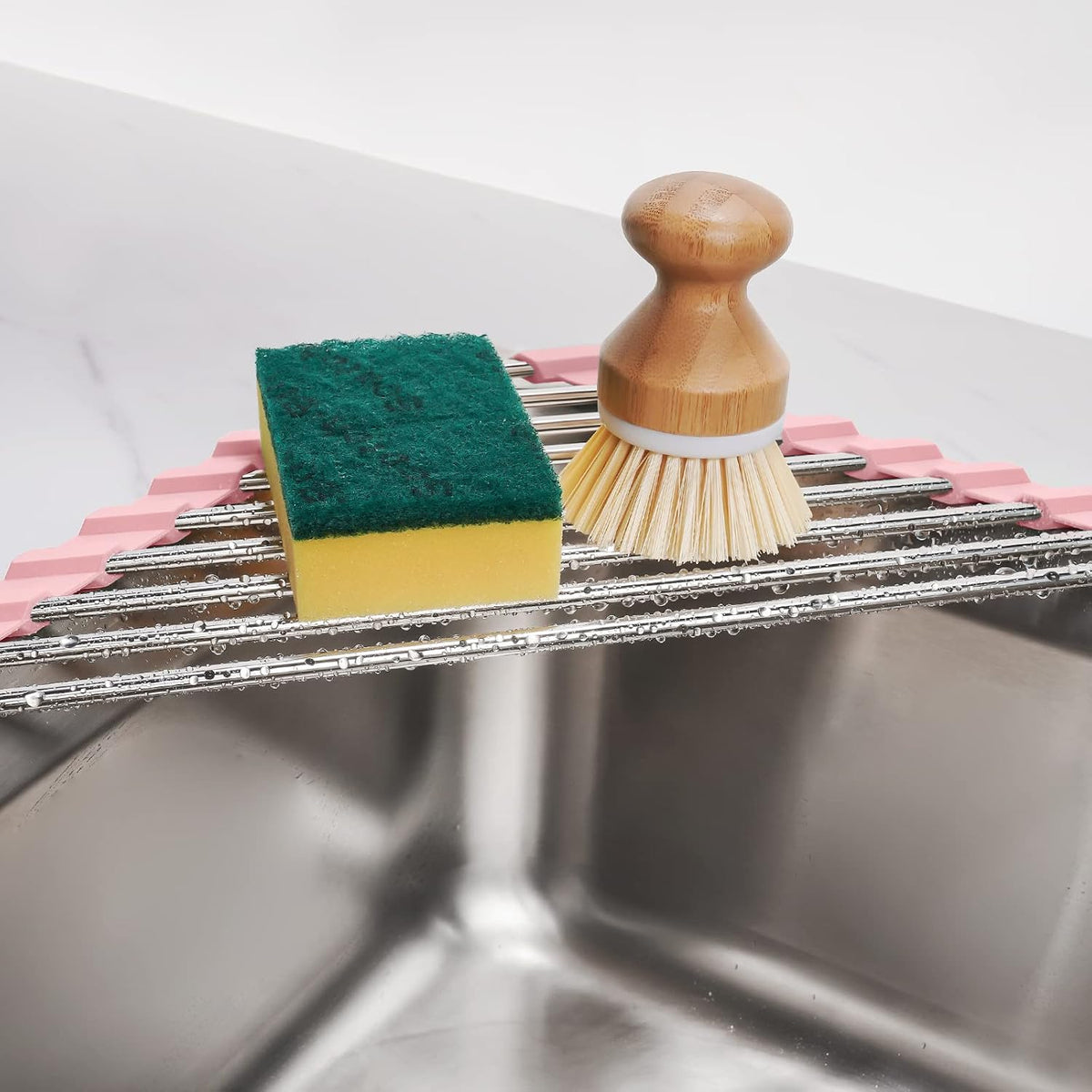 Triangle Foldable Dish Drying Rack, Small Roll-Up Stainless Steel Over Sink Drainer for Kitchen Sink Corner, Rustproof Multipurpose Organizer(Pink)