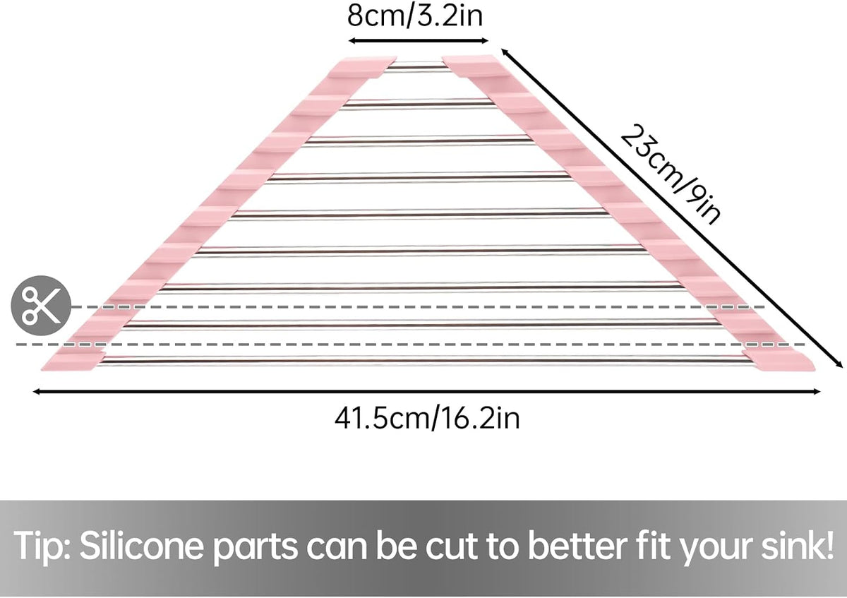 Triangle Foldable Dish Drying Rack, Small Roll-Up Stainless Steel Over Sink Drainer for Kitchen Sink Corner, Rustproof Multipurpose Organizer(Pink)