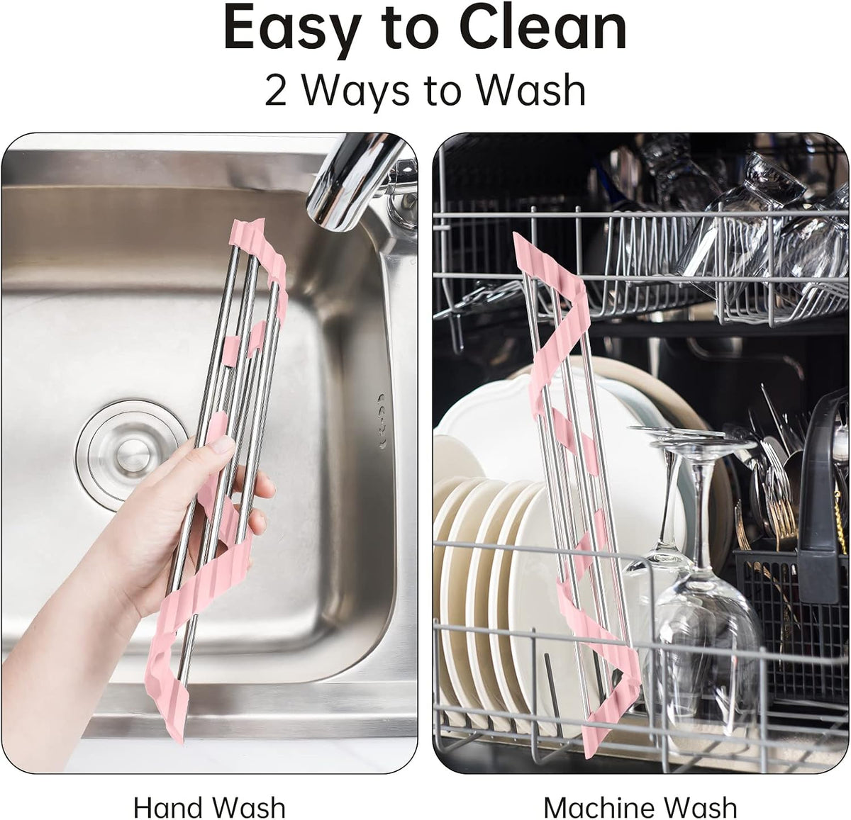 Triangle Foldable Dish Drying Rack, Small Roll-Up Stainless Steel Over Sink Drainer for Kitchen Sink Corner, Rustproof Multipurpose Organizer(Pink)