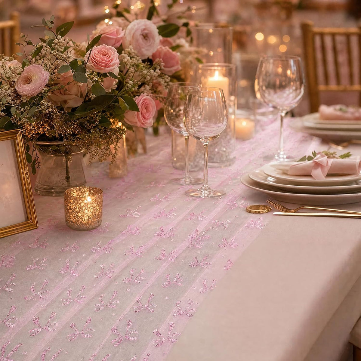 4 Pack Pink Butterfly Table Runner 29.5 x 71 Inches, 3D Hot-Stamped Iridescent Tulle Table Decor, Sheer Lace Fabric Overlay for Wedding, Baby Shower, Girl Birthday Party, Bridal Shower DIY Decorations