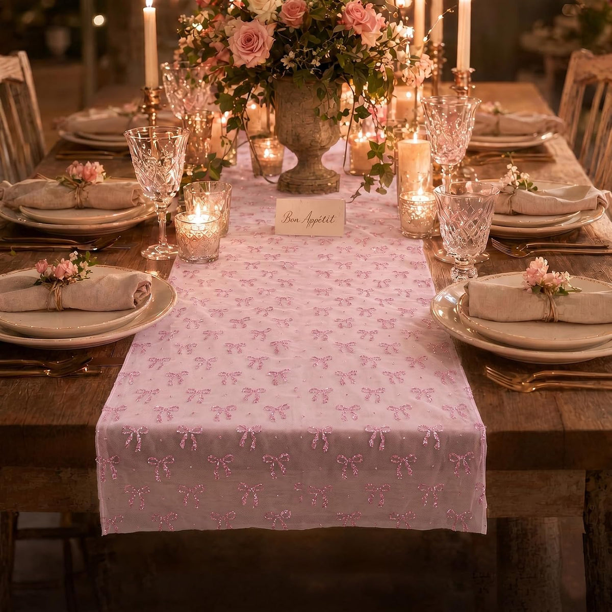 4 Pack Pink Butterfly Table Runner 29.5 x 71 Inches, 3D Hot-Stamped Iridescent Tulle Table Decor, Sheer Lace Fabric Overlay for Wedding, Baby Shower, Girl Birthday Party, Bridal Shower DIY Decorations