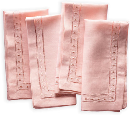 100% Linen Napkins Blush Pink with Embroidered Dot Set of 4, 18 x 18 Inch