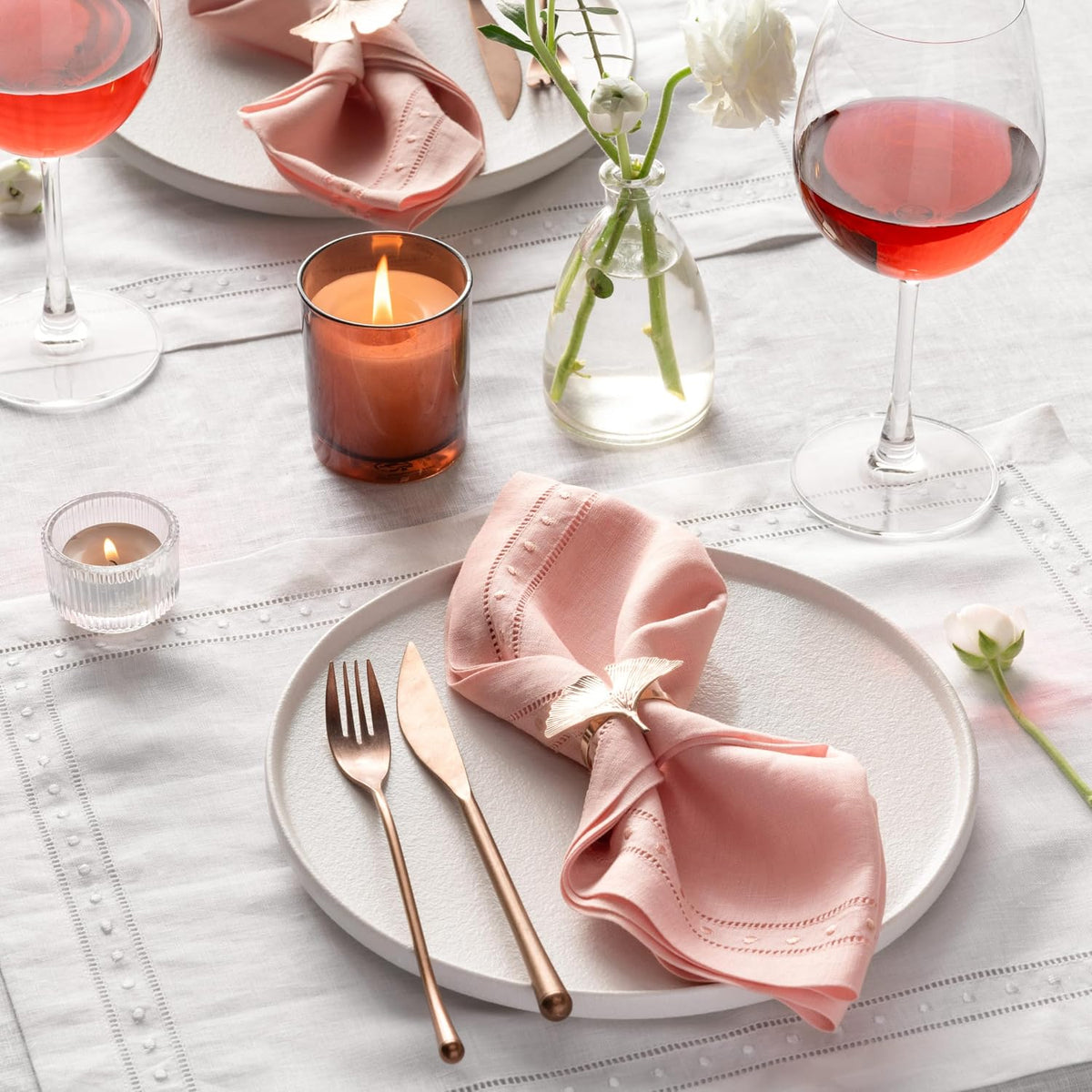 100% Linen Napkins Blush Pink with Embroidered Dot Set of 4, 18 x 18 Inch