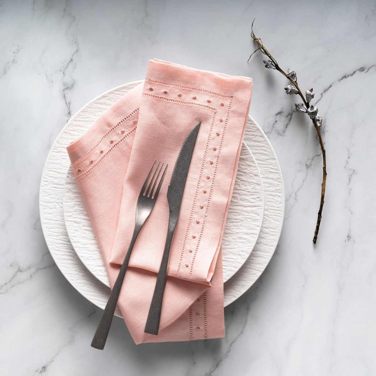 100% Linen Napkins Blush Pink with Embroidered Dot Set of 4, 18 x 18 Inch