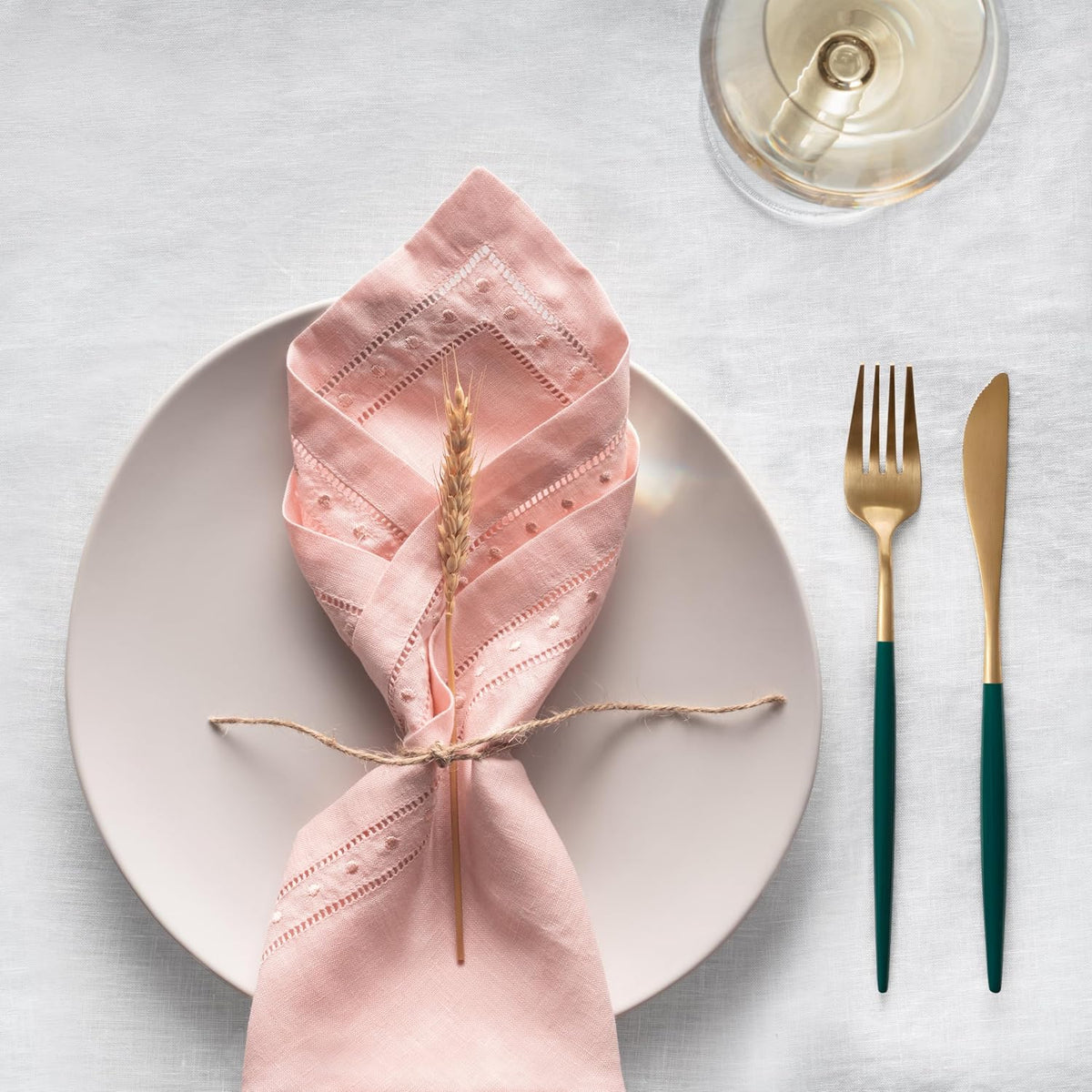 100% Linen Napkins Blush Pink with Embroidered Dot Set of 4, 18 x 18 Inch